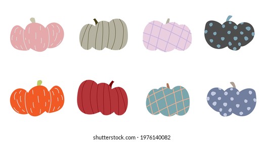 Doodle cute pumpkins isolated halloween set, collection. Hand drawn vector illustration. 
