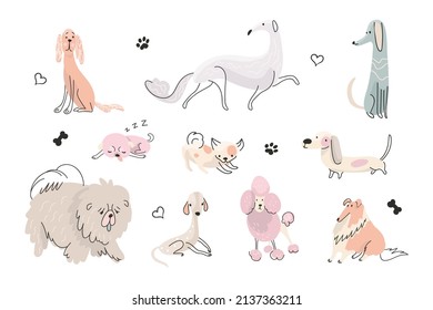 Doodle cute puppy. Active dog painting, dogs different poses. Hand drawn animals, flat design baby pets. Funny puppies play, nowaday vector characters