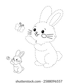 Doodle cute rabbit coloring pages for kids. Trace and color rabbit. Cute rabbit with butterfly clip art vector. Kindergarten and preschool worksheets printable for kids. Cute bunny.