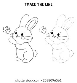 Doodle cute rabbit coloring pages for kids. Trace and color rabbit. Cute rabbit with butterfly clip art vector. Kindergarten and preschool worksheets printable for kids. Cute bunny.