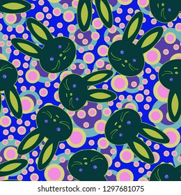 Doodle cute rabbit head seamless background.