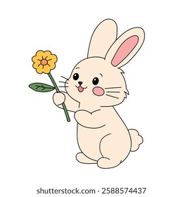 Doodle cute rabbit in spring garden. Cute rabbit easter isolated on white background. Kindergarten and preschool worksheets for kids printable. Cute bunny clip art vector.