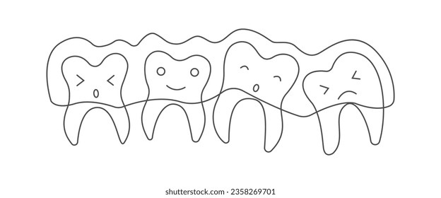 Doodle cute ragged teeth with clear aligners. Dental orthodontic treatment. Oral hygiene concept for children for pediatric dentistry. Teeth cleaning and prevention. Vector hand draw illustration.