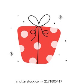 Doodle cute red gift box and snowflakes
