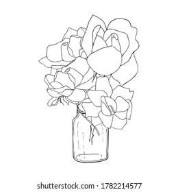 Doodle cute rose flower in jar. Monochrome sketch beautiful decorative plant image stock vector illustration for web, for print, for coloring book, for antistress page
