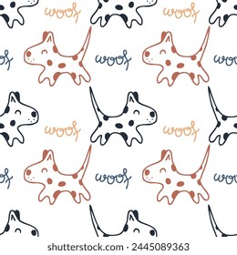 Doodle cute running spotted puppies with text woof seamless pattern. Animal cartoon vector character print. Perfect for tee, paper, textile and fabric.