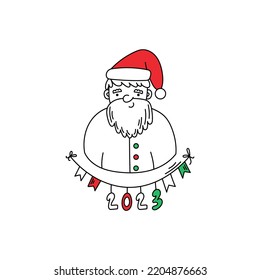 Doodle cute Santa Claus in a red hat with a smile. Isolated vector illustration. Happy festive background