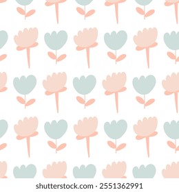 Doodle cute seamless floral boho pattern with peach and pale teal flowers. Naive contemporary minimalistic trendy boho background design for kids. Scandinavian nursery print 