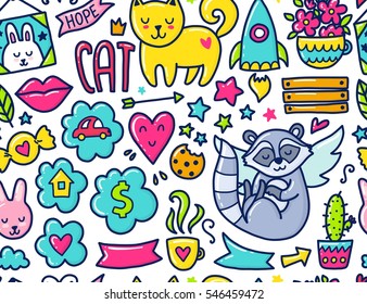 Doodle cute seamless Pattern. Color vector illustration with hearts and flowers, animals and coffee, clouds and stars. Design for prints and cards.