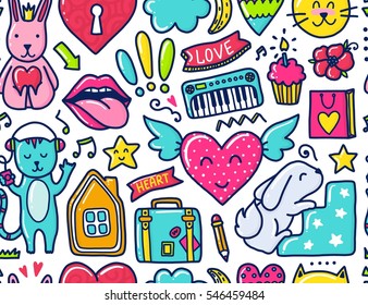 Doodle cute seamless Pattern. Color vector illustration with hearts and flowers, animals and lips, cloud and stars. Design for prints and cards.