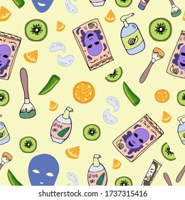 Doodle lindo patrón de Seamless con cosméticos. Dibujado a mano. Aislado sobre fondo amarillo. El concepto de cosméticos naturales y orgánicos para el cuidado facial y corporal. Ilustración vectorial plana al estilo de las caricaturas.