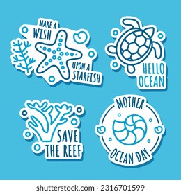 Doodle lindo conjunto de calcomanías con animales marinos y plantas. Tortuga de contorno, conchas, arrecife con frase ilustración aislada. Día de la madre del océano.