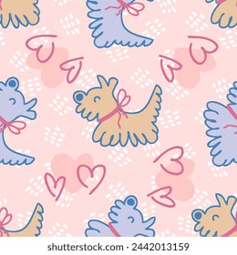 Doodle cute shaggy puppies with bow ribbons and hearts seamless pattern. Love for pets concept. Hand drawn vector print for tee, paper, textile and fabric.