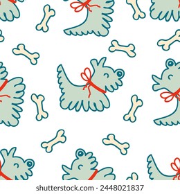 Doodle cute shaggy puppies with bow ribbons and bones seamless pattern. Animal cartoon vector character print. Perfect for tee, paper, textile and fabric.