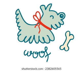 Doodle cute shaggy puppy with bow ribbon and text woof. Animal cartoon vector character. Perfect print for tee, poster, card, sticker.

