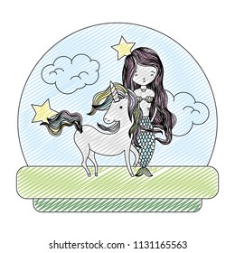 doodle cute siren standing next to beauty unicorn