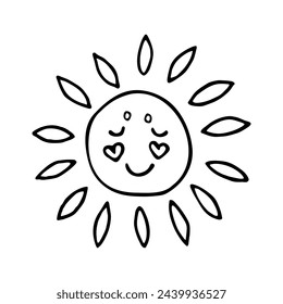 Doodle cute smiling sun. Abstract hand drawn vector minimalistic illustration on white background for design, logo, tattoo, card and invitation