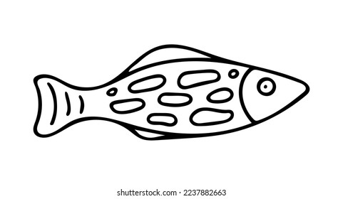Doodle of cute spotted fish isolated on white background. Hand drawn vector illustration of underwater inhabitant. Good for childish design and coloring page book.