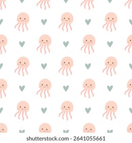 Doodle cute squid and heart on blue background