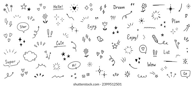 Doodle cute star, heart, arrow pen line elements. Doodle heart, emphasis, star, sparkle decoration symbol set icon. Simple sketch line style text decoration, emphasis elements. Vector illustration