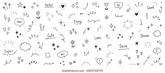 Doodle lindo estrella, corazón, elementos de la línea de la pluma de flecha. Corazón de garabato, énfasis, estrella, símbolo de la decoración de destello conjunto icono. Sencillo esbozo de la decoración de texto de línea, elementos de énfasis. Ilustración del vector