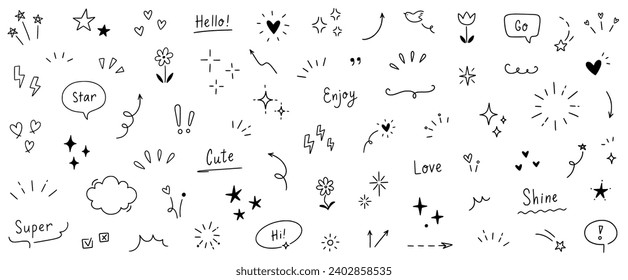 Doodle cute star, heart, arrow pen line elements. Doodle heart, emphasis, star, sparkle decoration symbol set icon. Simple sketch line style text decoration, emphasis elements. Vector illustration