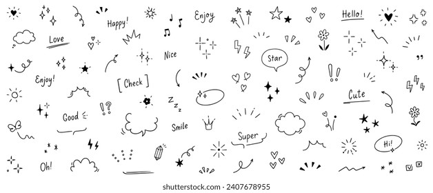 Doodle lindo estrella, corazón, elementos de la línea de la pluma de flecha. Corazón de garabato, énfasis, estrella, símbolo de la decoración de destello conjunto icono. Sencillo esbozo de la decoración de texto de línea, elementos de énfasis. Ilustración del vector