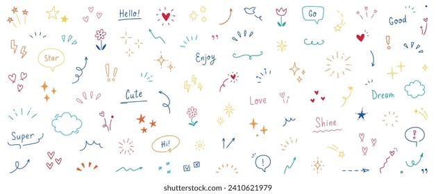 Doodle cute star, heart, arrow pen line color elements. Doodle heart, emphasis, star, sparkle decoration symbol set icon. Simple sketch line style text decoration elements. Vector illustration