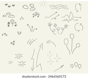 Doodle cute star, heart, arrow pen line elements. Doodle heart, emphasis, star, sparkle decoration symbol set icon. Simple sketch line style text decoration, emphasis element