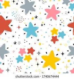 Doodle Cute Star Seamless Pattern. Starry Sky Colorful Background. Festive Stars Wallpaper. Vector Holiday and Birthday Party Design