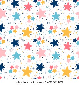 Doodle Cute Star Seamless Pattern. Starry Sky Colorful Background. Festive Stars Wallpaper. Vector Holiday and Birthday Party Design