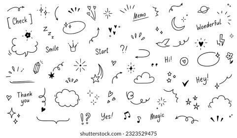 Doodle linda estrella, brillantes elementos de la línea de la pluma. Corazón de garabato, énfasis, estrella, símbolo de la decoración de destello conjunto icono. Esbozo simple de énfasis de línea, brillo, elementos de patrón. Ilustración vectorial.