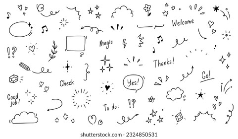 Doodle cute star, sparkle pen line elements. Doodle heart, emphasis, star, sparkle decoration symbol set icon. Simple sketch line style emphasis, glitter, pattern elements. Vector illustration.