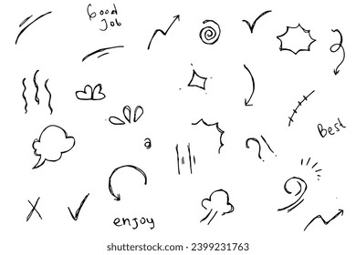 Doodle cute star, sparkle pen line elements set hand drawn icons.