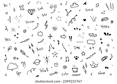 Doodle cute star, sparkle pen line elements set hand drawn icons.