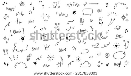Doodle cute star, sparkle pen line elements. Doodle heart, emphasis, star, sparkle decoration symbol set icon. Simple sketch line style emphasis, glitter, pattern elements. Vector illustration.