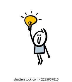 Doodle cute stickman holding a lighting lamp. Vector concept illustration of bright idea.