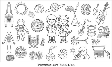 Doodle of cute students and knowledge,science,astrology,back to school concept. Vector illustration.