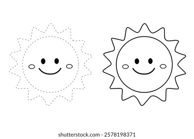 Doodle cute summer sun clipart isolated on white background. Summer sun coloring pages for kids. Happy sun. Summer worksheets for kids activity printable. Smiling sun vector.