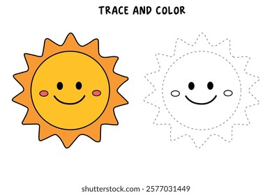 Doodle cute summer sun coloring pages for kids. Trace and color happy sun. Summer sun isolated on white background. Summer worksheets for kids activity printable.