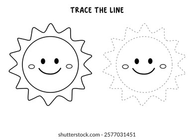 Doodle cute summer sun coloring pages for kids. Trace and color happy sun. Summer sun isolated on white background. Summer worksheets for kids activity printable.