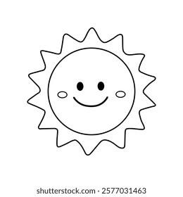 Doodle cute summer sun coloring pages for kids. Trace and color happy sun. Summer sun isolated on white background. Summer worksheets for kids activity printable.