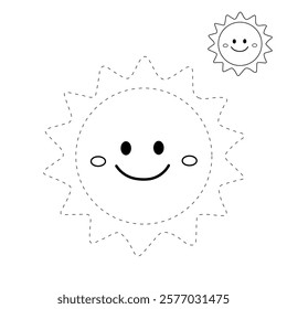 Doodle cute summer sun coloring pages for kids. Trace and color happy sun. Summer sun isolated on white background. Summer worksheets for kids activity printable.