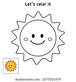 Doodle cute summer sun coloring pages for kids. Trace and color happy sun. Summer sun isolated on white background. Summer worksheets for kids activity printable.