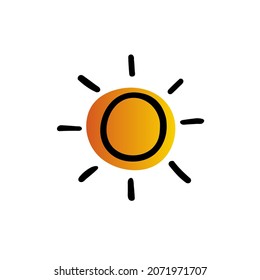 Doodle cute Sun. Hand-drawn Sol isolated on white background. Yellow astronomical object. Sunny day, clear weather, Synoptic sign. Vacation, travel, solar energy symbol. Vector education illustration