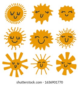 Doodle cute suns icon set. Summer emoticons isolated on white background