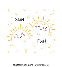 Doodle Cute Sunset or Sunrise Smiling Faces. "Sun Fun" Poster. Vector Funny Half Sun Childish Yellow Print for Kids Design.