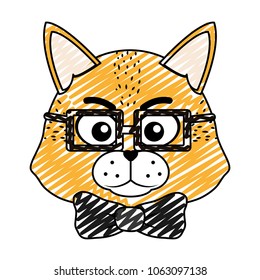 doodle cute tiger head animal with glasses and tie bow