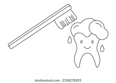 Doodle cute tooth with toothbrush. Dental care. Oral hygiene concept for children for pediatric dentistry. Teeth cleaning and prevention. Vector hand draw illustration
