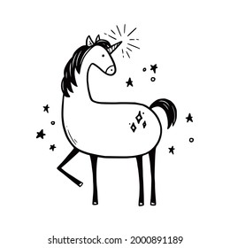 Doodle süß Einhorn. Handgezeichnete Skizze. Einfache, schwarz-weiße Farbe, einzelne Vektorgrafik.